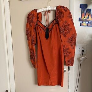 Vintage Orange Dress w/ Black Floral Design